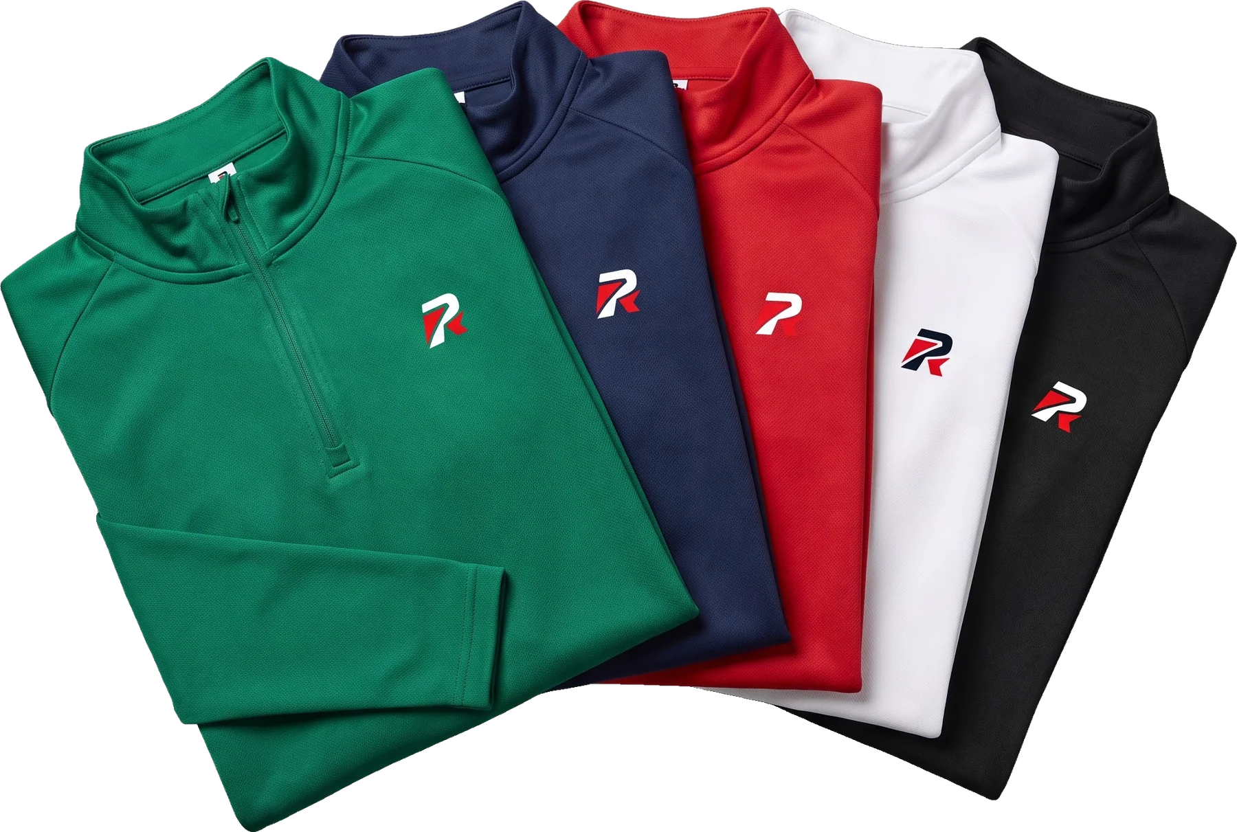 Quarter-zip training tops in green, navy, red, white and black