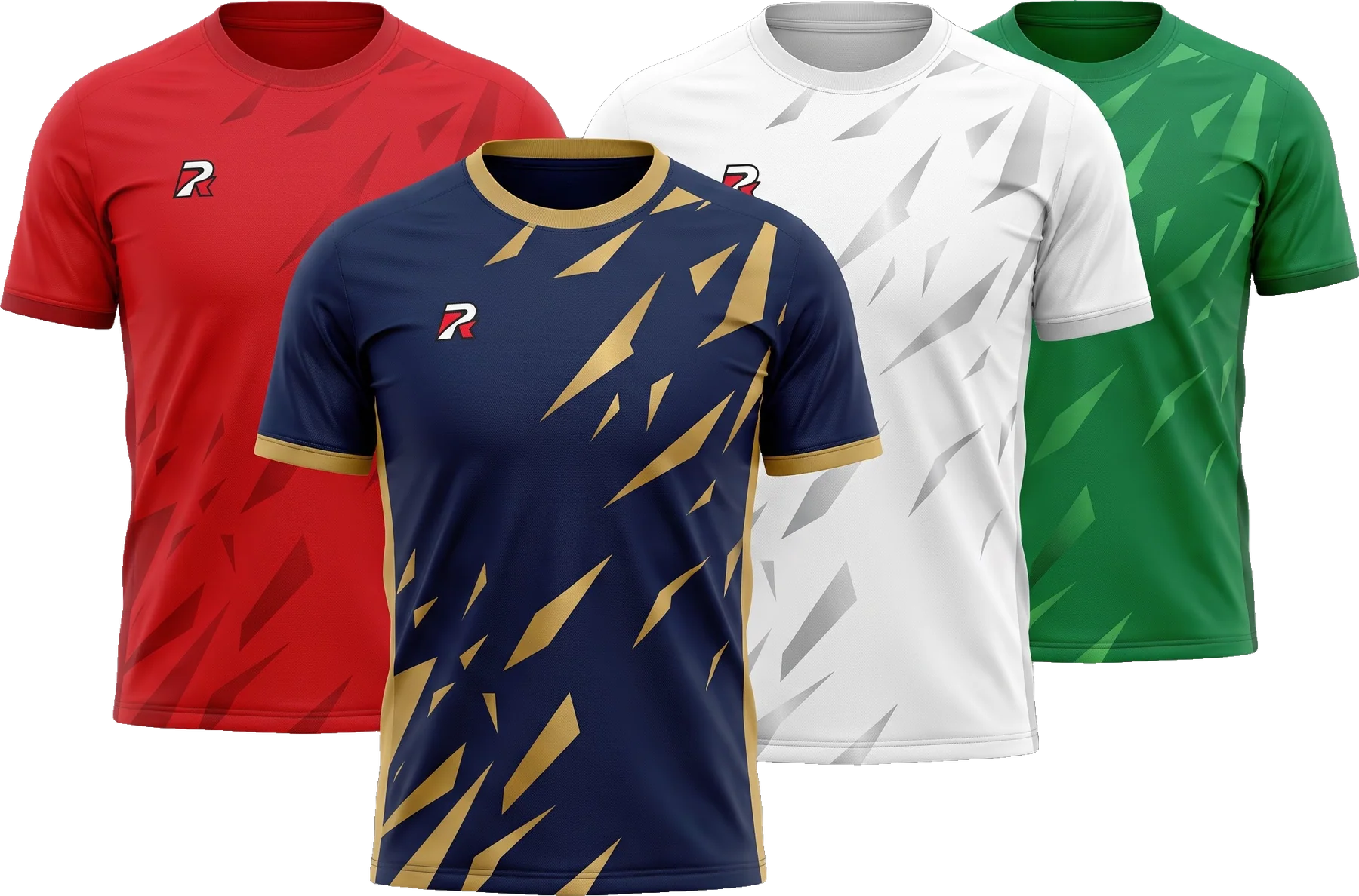 Four soccer jerseys: navy and gold, red, white and green