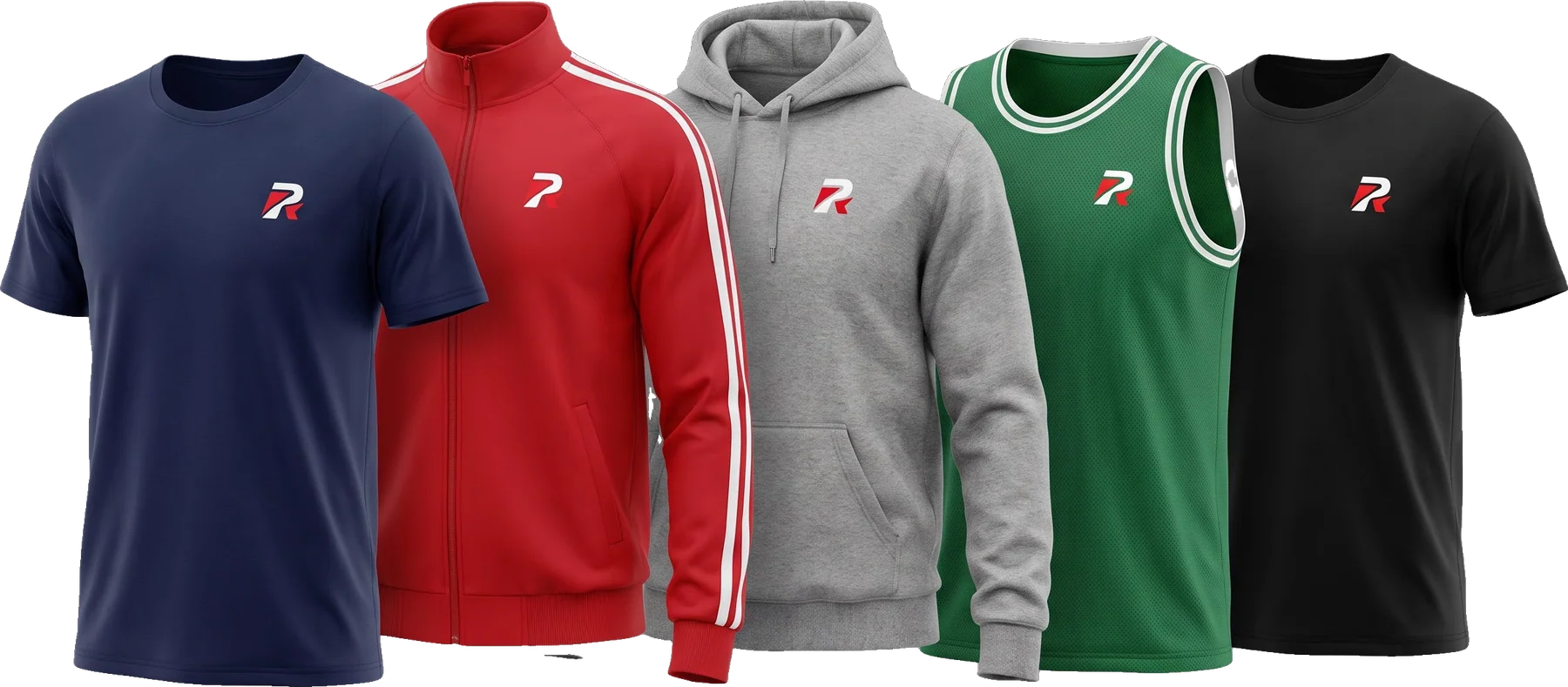 Navy t-shirt, red track jacket, grey hoodie, green singlet and black t-shirt