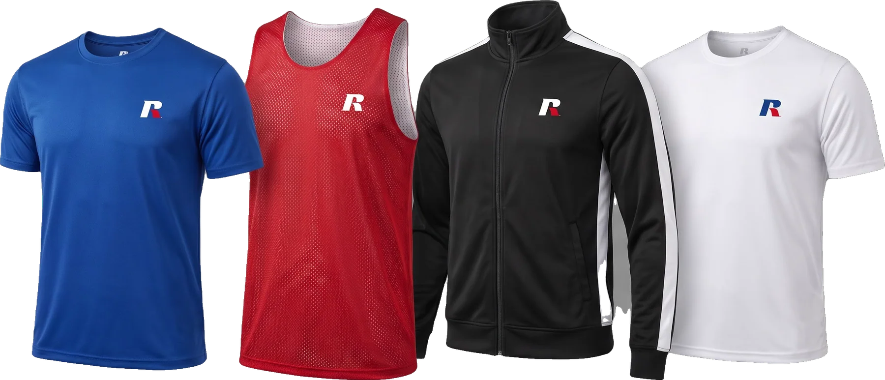 A blue t-shirt, red singlet, black track jacket and white t-shirt