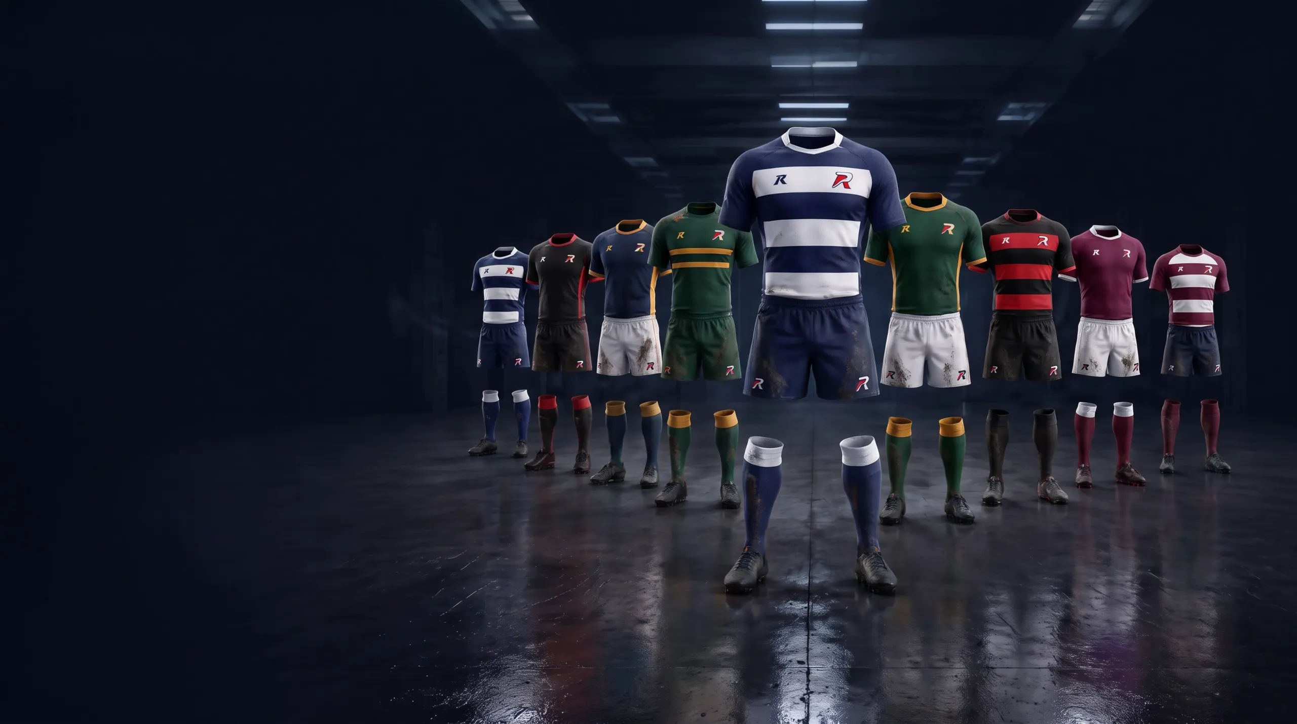 Rugby garments in a players' tunnel