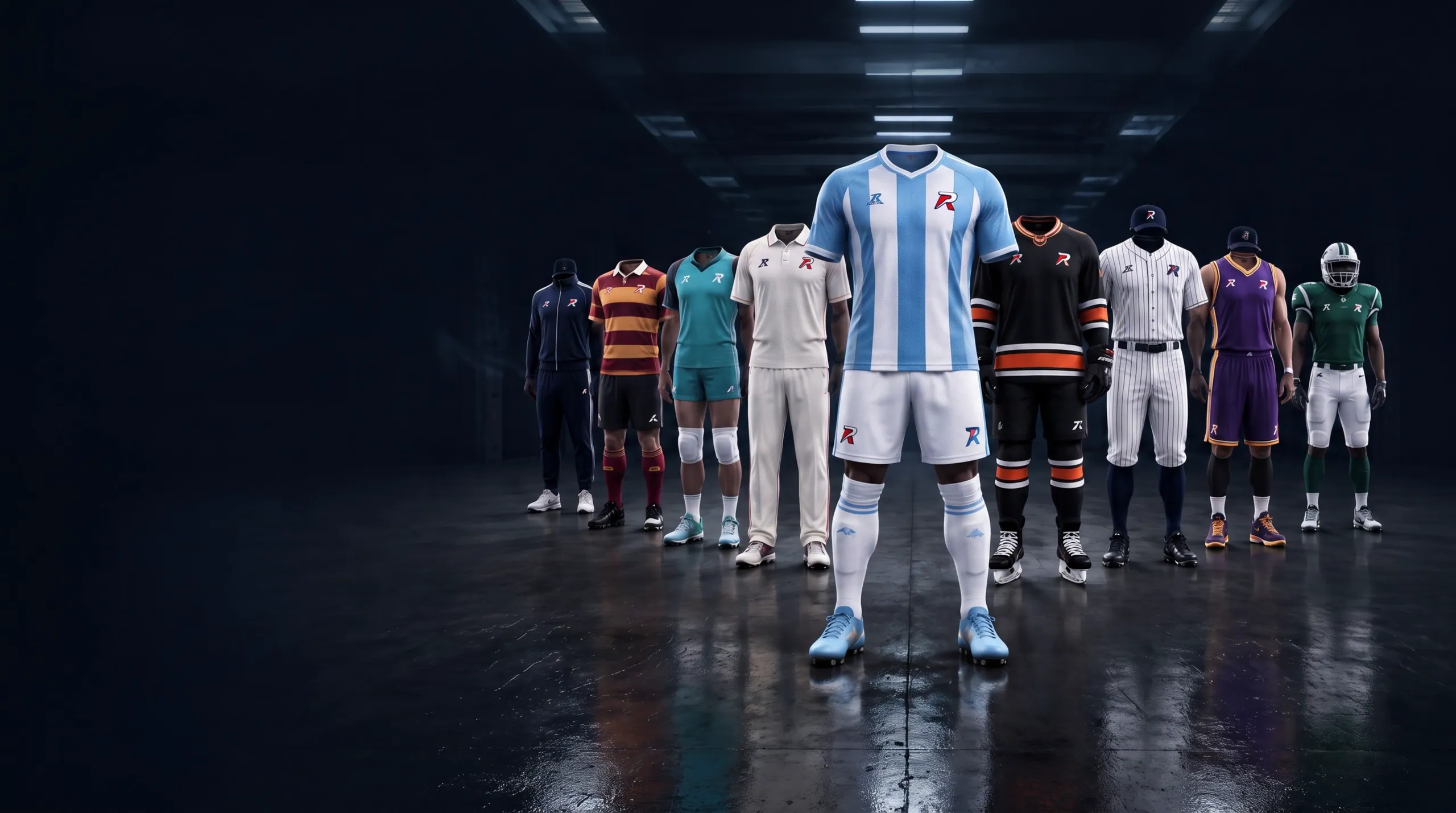 Nine Rosenthal team uniforms in a line-up in a players' tunnel: soccer, rugby, volleyball, cricket, training, ice hockey, baseball, basketball and American football