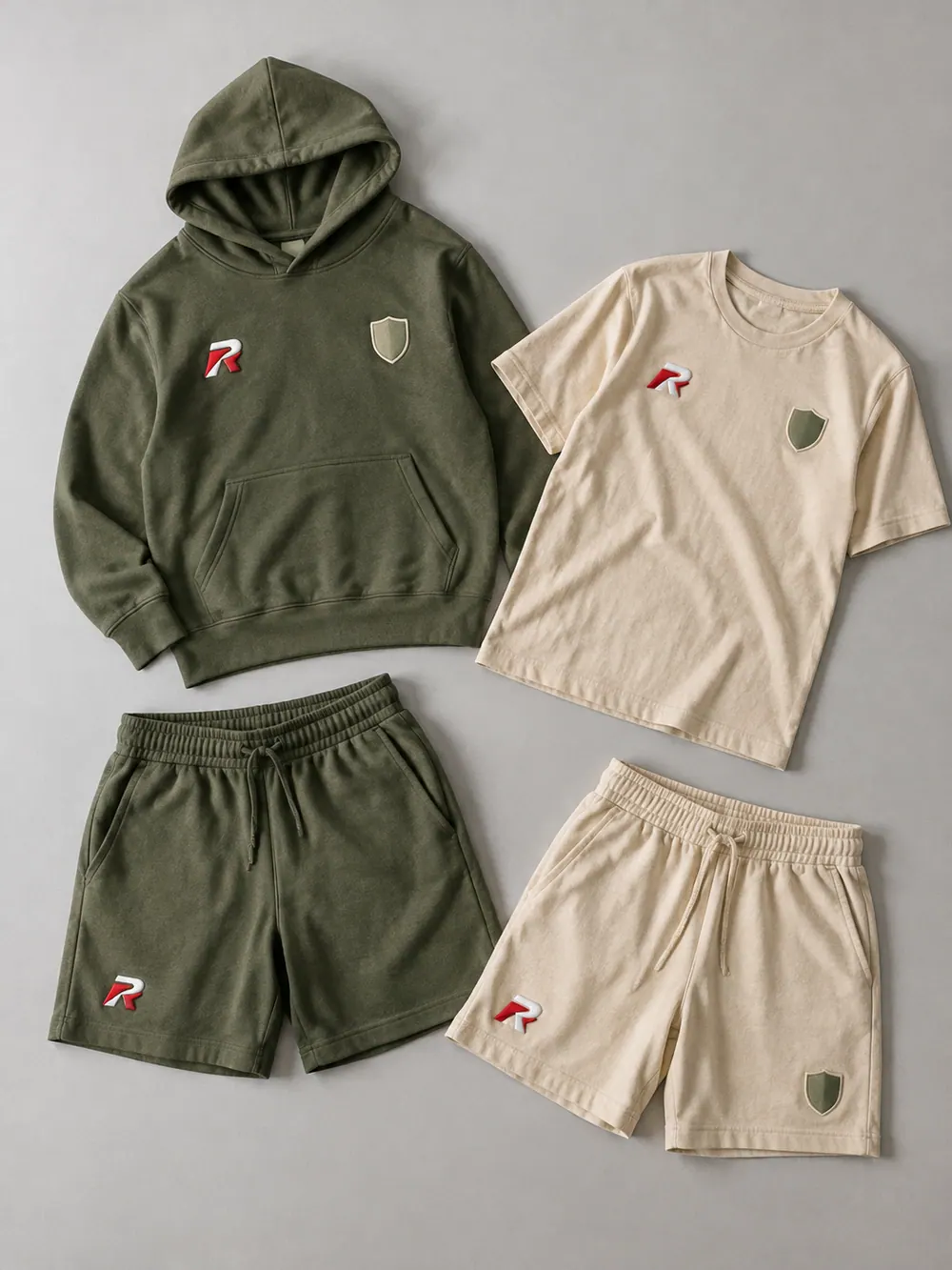 3D puff embroidery on shorts / waistband, flat lay