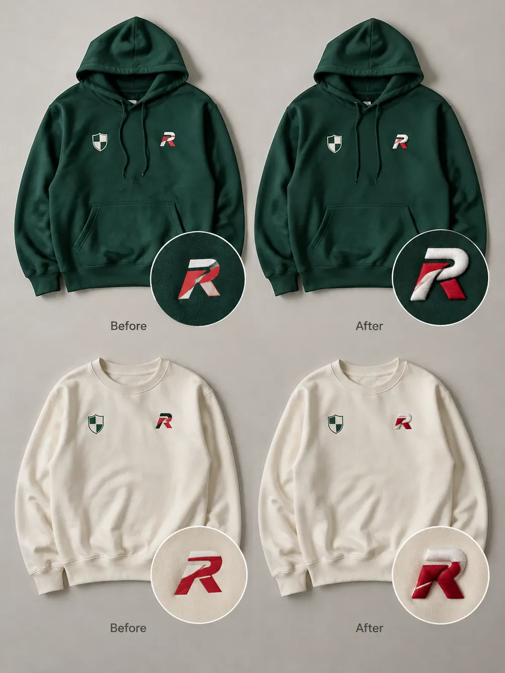 3D puff embroidery before → after pair (same garment), flat lay