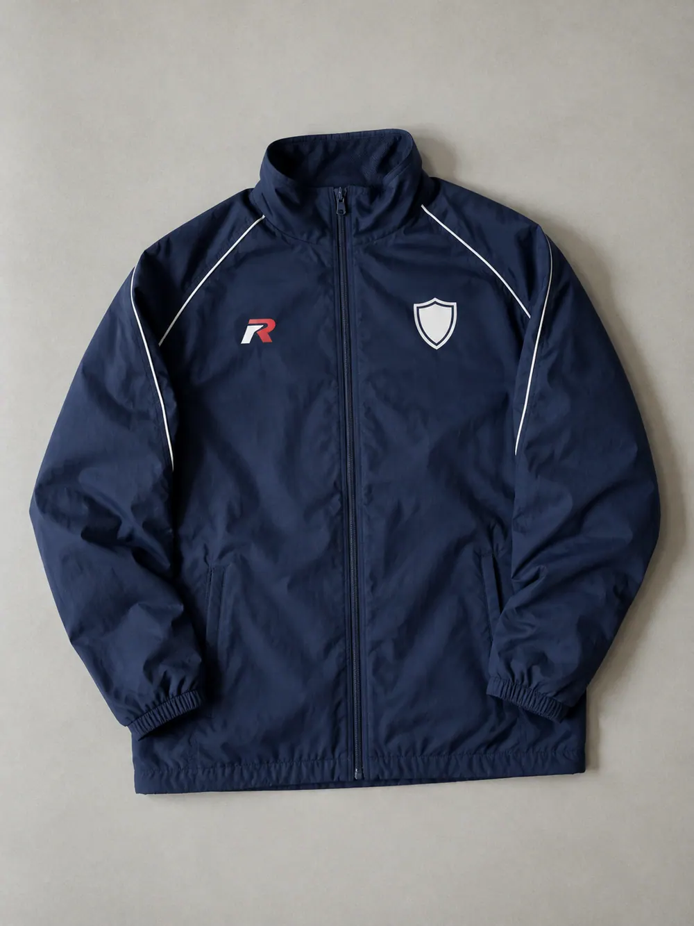 Navy sideline jacket, flat lay