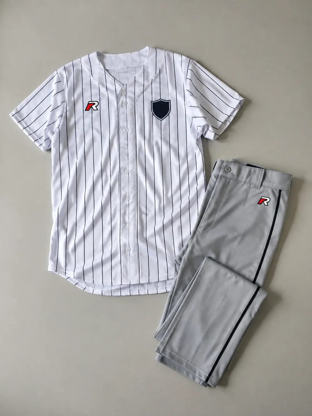 White pinstripe full-button jersey and grey pants