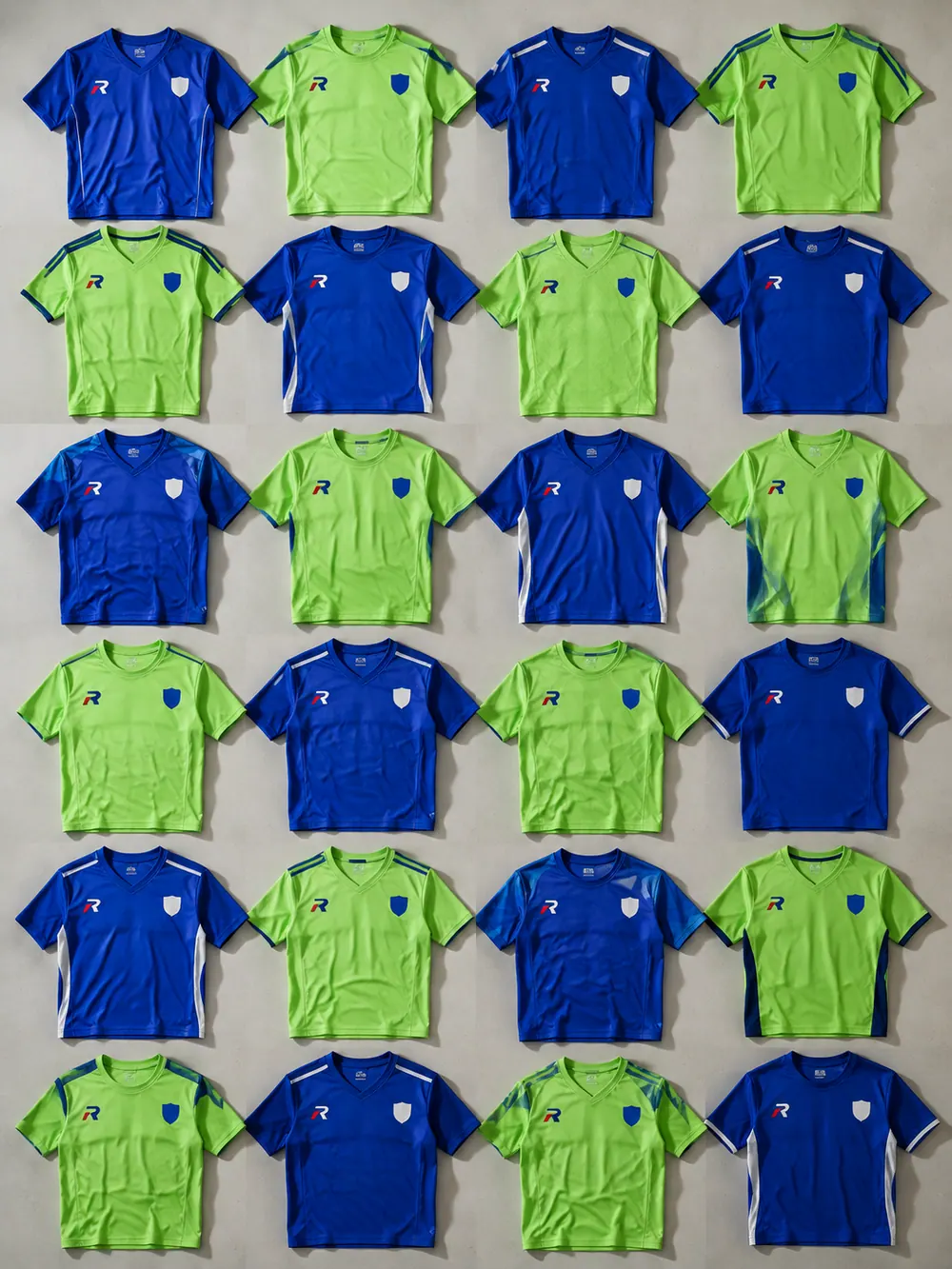 Rack of 24 jerseys, flat lay