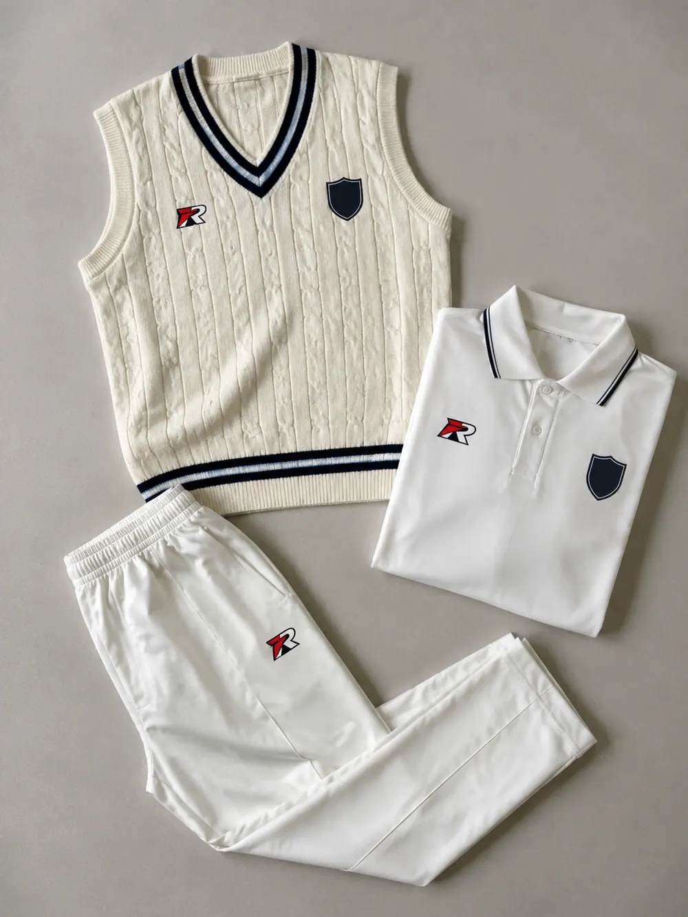 Cable-knit slipover over whites, flat lay