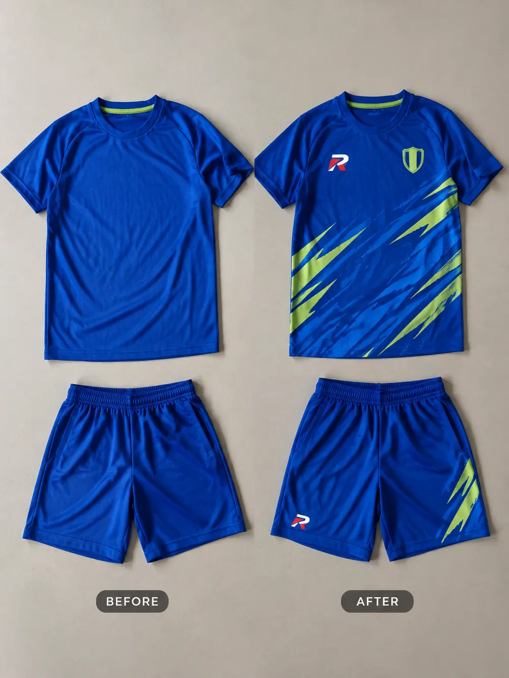 DTF printing before → after pair (same garment), flat lay