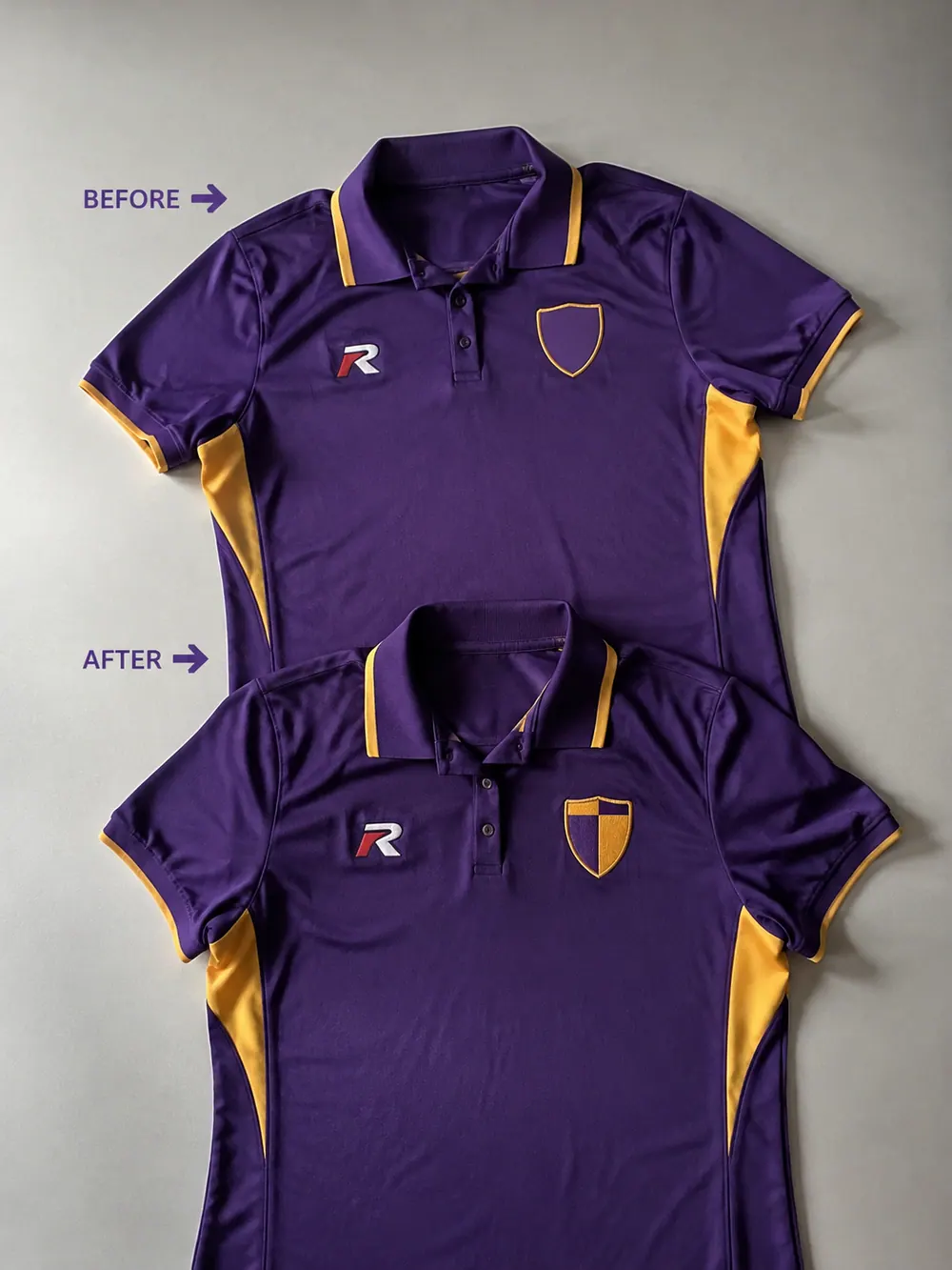 Embroidery before → after pair (same garment), flat lay