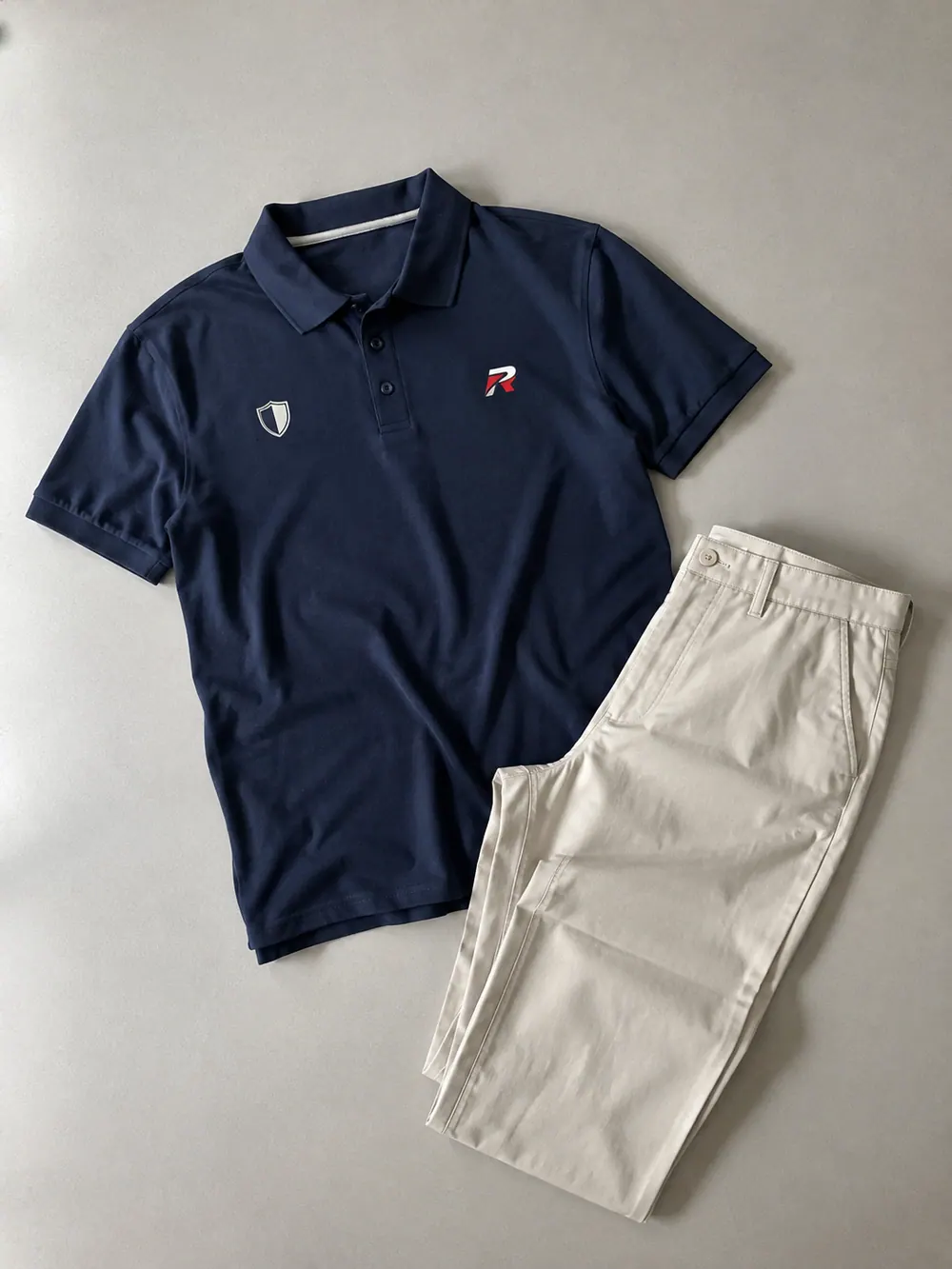 Navy polo and stone trousers