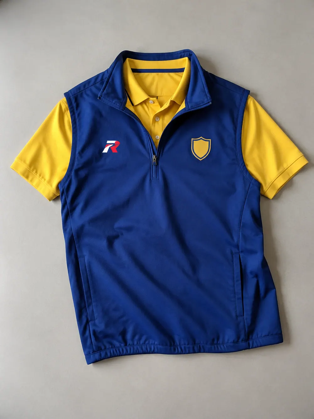 Vest over polo, flat lay