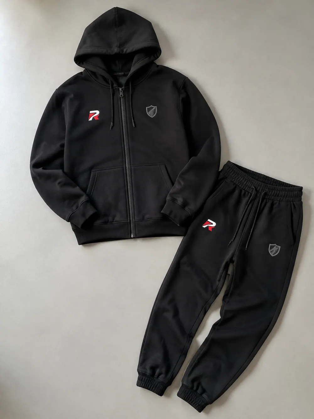 Black zip hoodie, flat lay