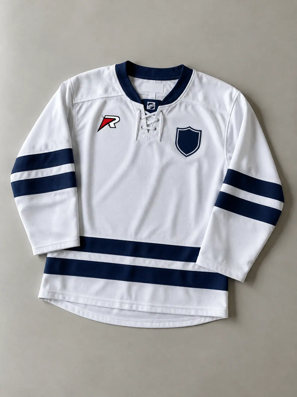 White road jersey with navy stripes, flat lay
