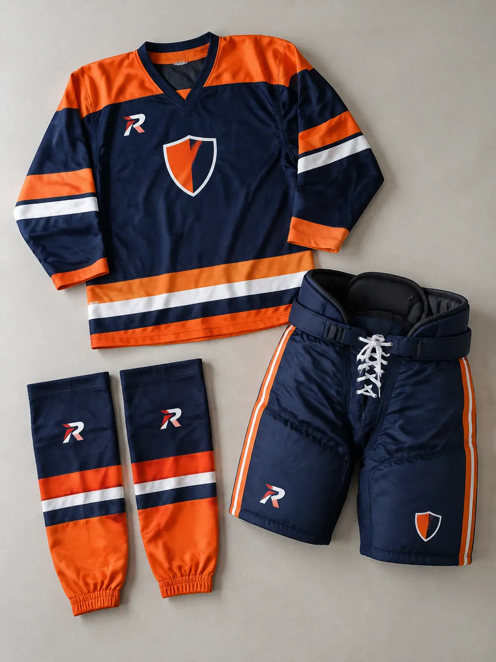 Socks and pant shell set, flat lay