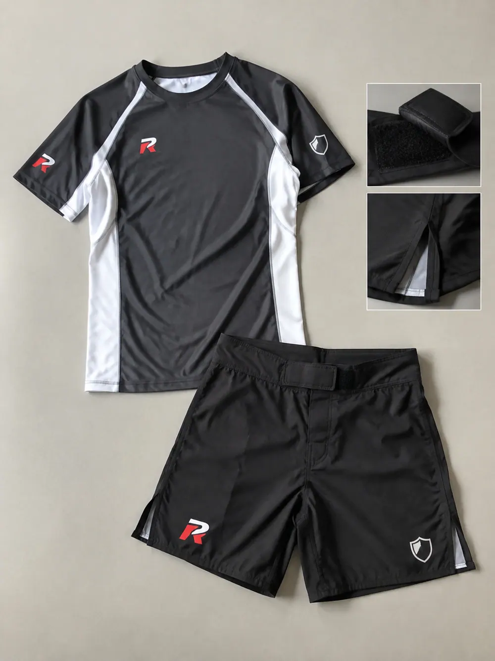 Fight shorts slit and velcro close-up, flat lay