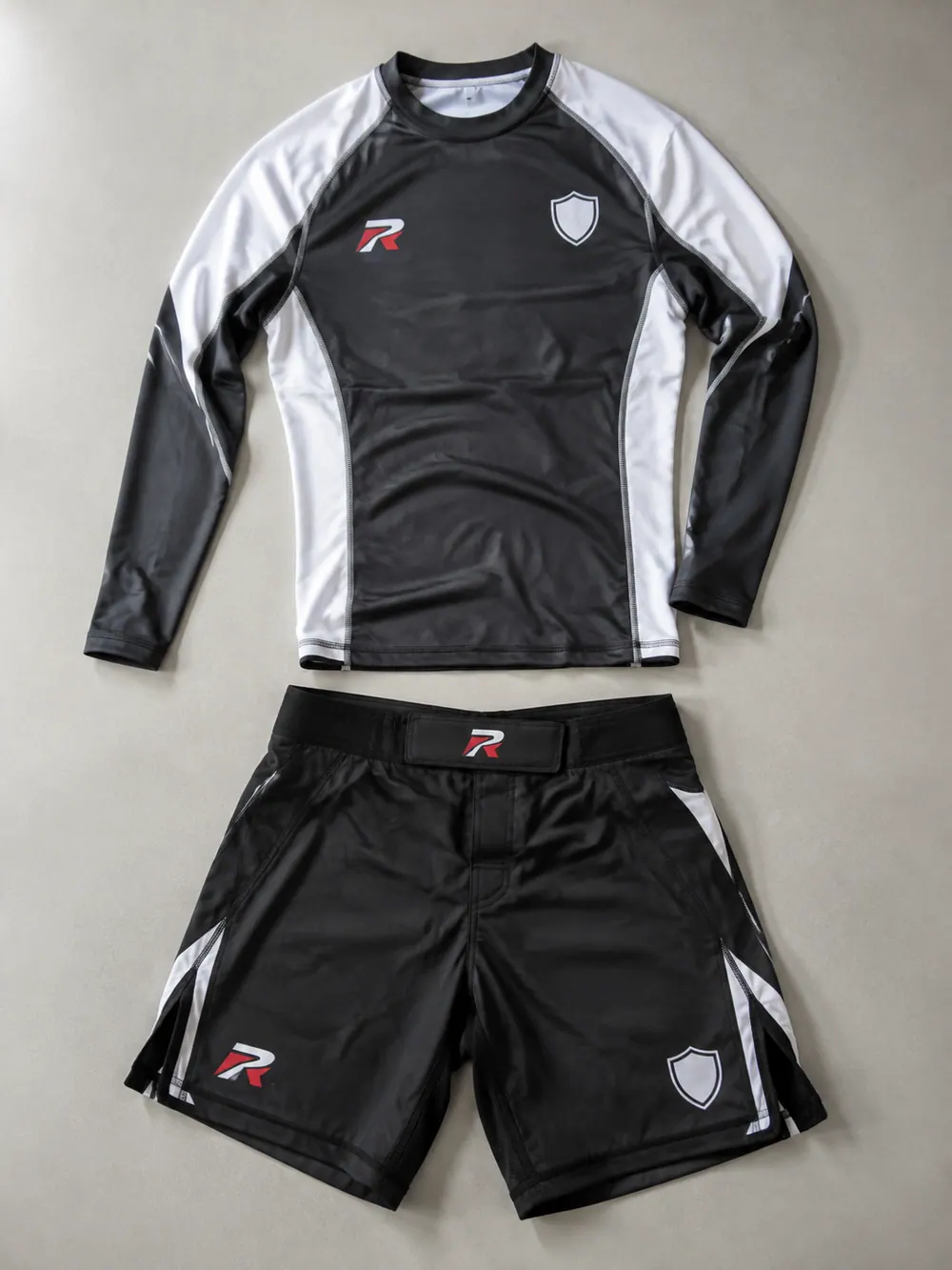 Rash guard flatlock seam close-up, flat lay