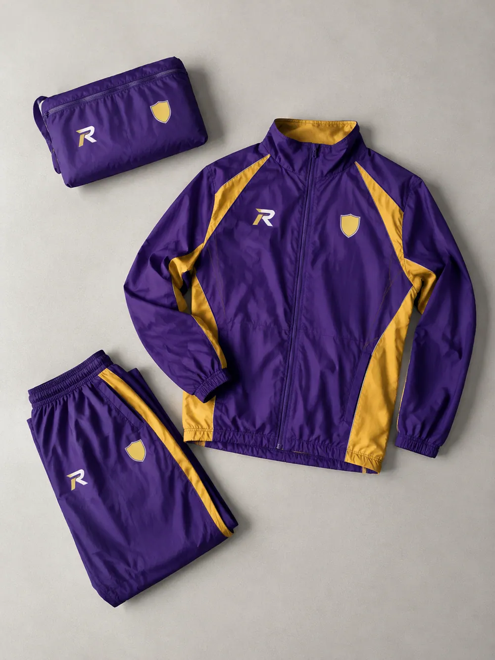 Wind jacket packed and worn, flat lay