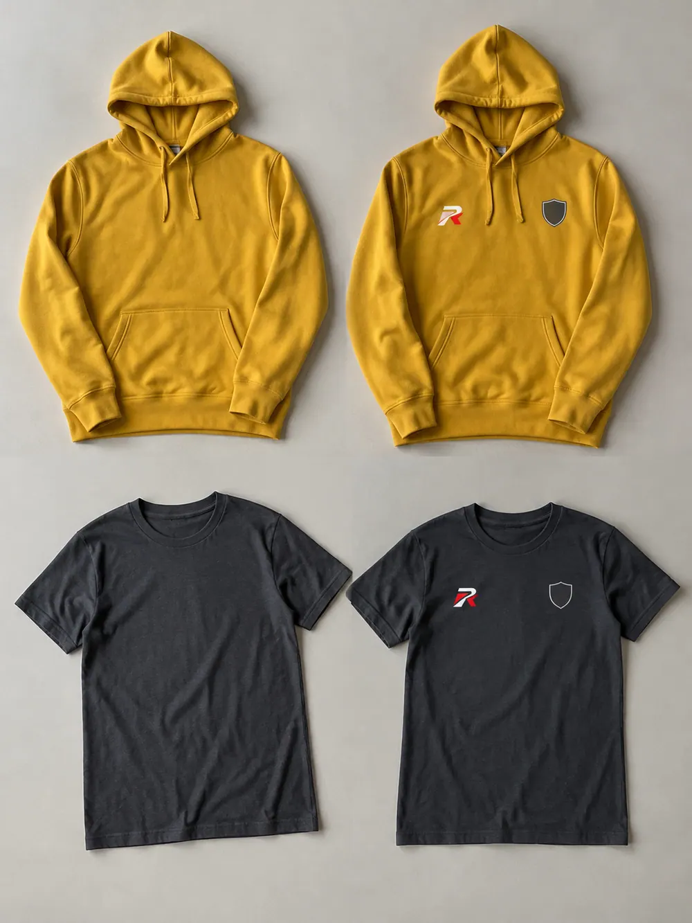 Screen printing before → after pair (same garment), flat lay