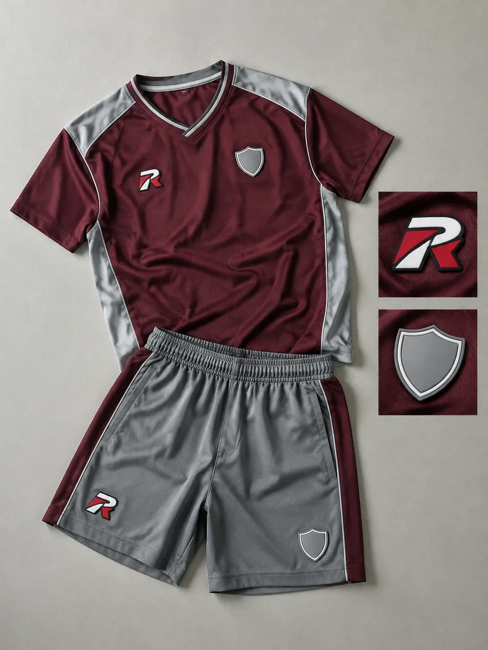 Silicone & PVC badges on shorts / waistband, flat lay