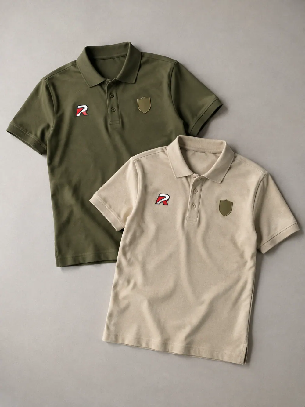 Silicone & PVC badges on a polo, flat lay