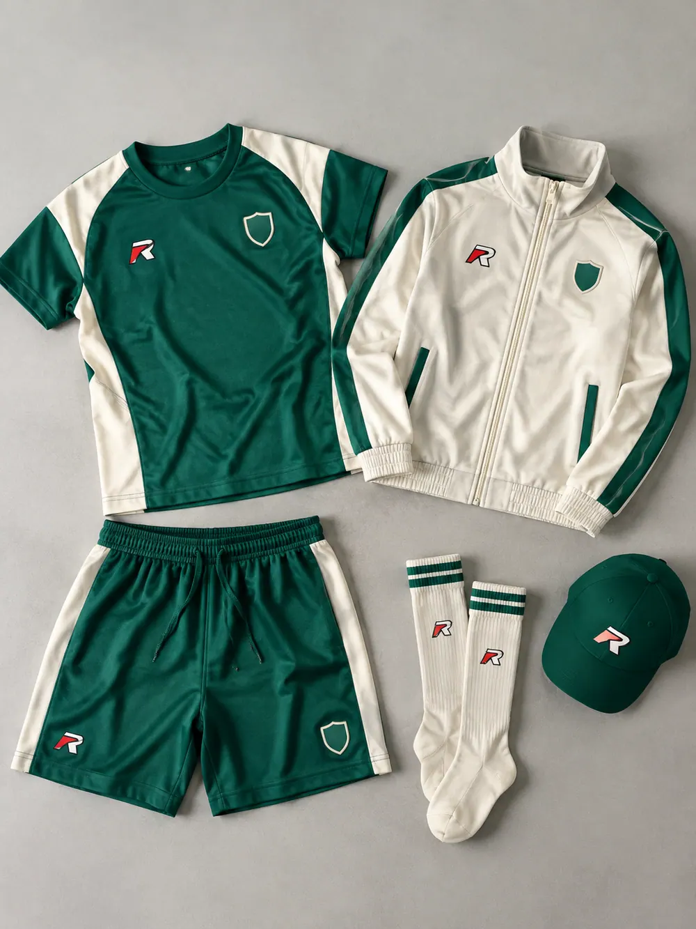 Silicone & PVC badges on a youth kit, flat lay