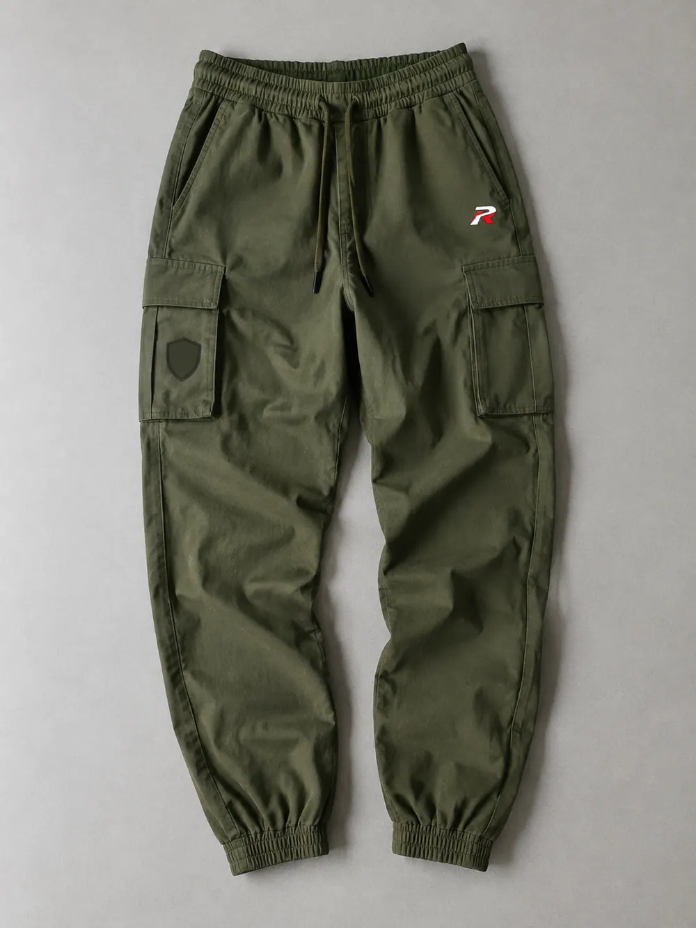 Olive cargo joggers, flat lay
