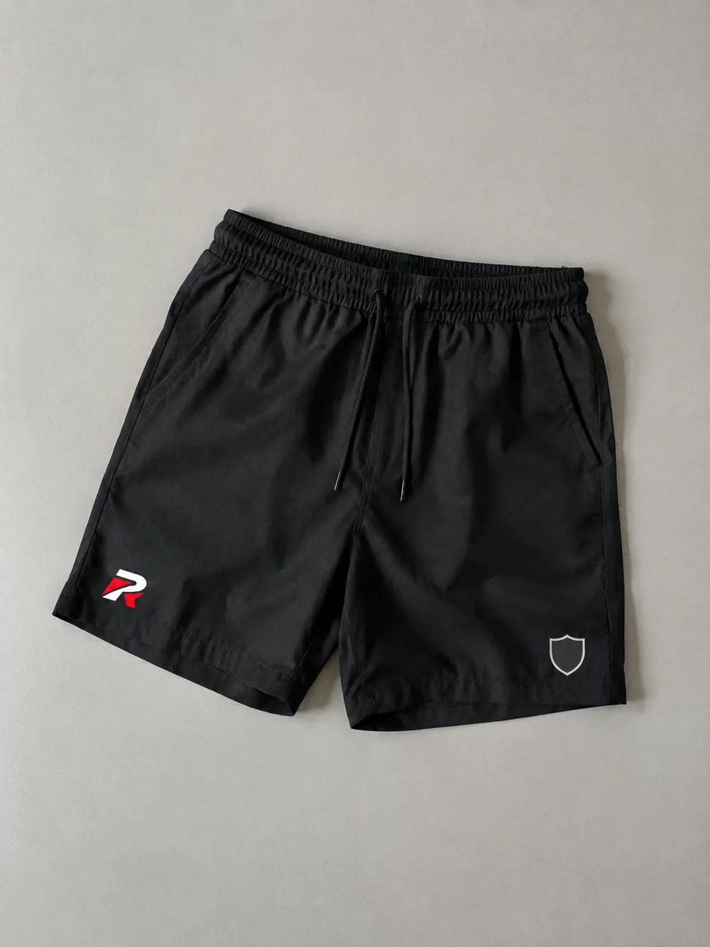Black woven shorts, flat lay