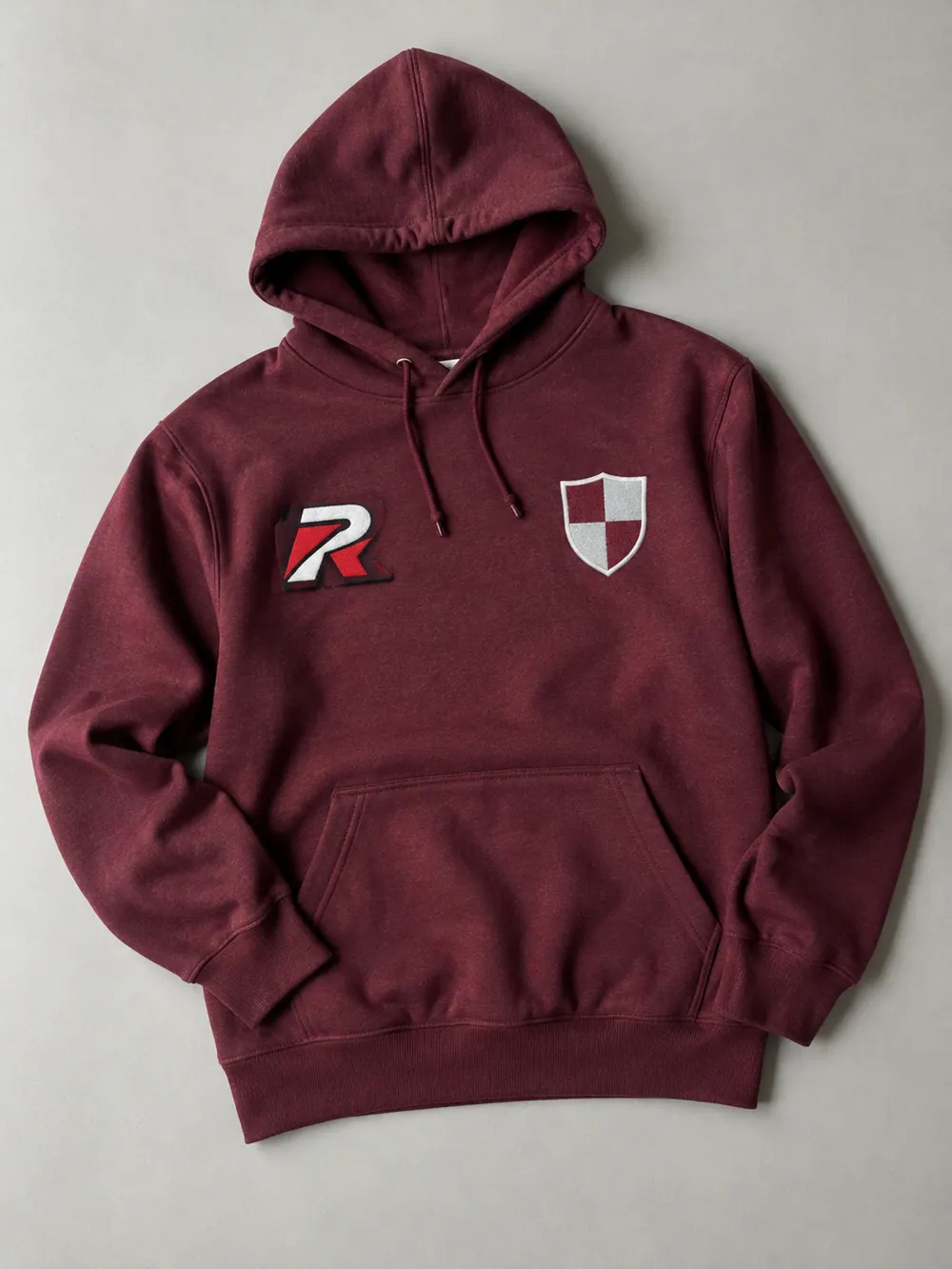 Tackle twill & chenille on a hoodie, flat lay