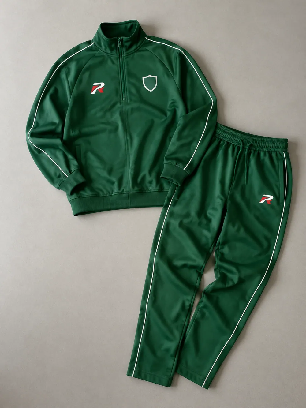 Green half-zip set, flat lay