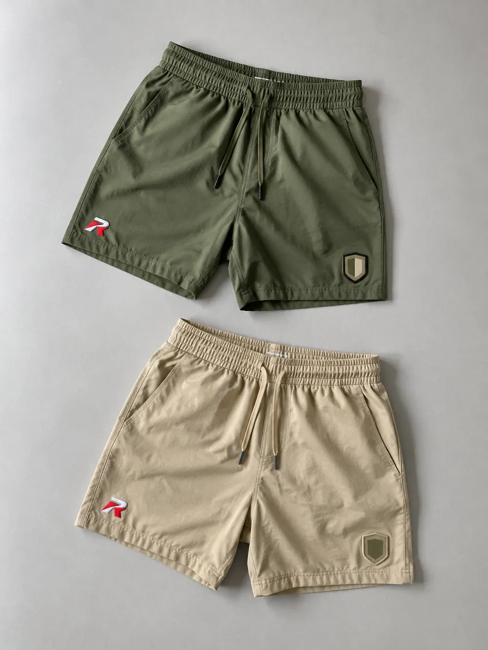Woven labels & patches on shorts / waistband, flat lay