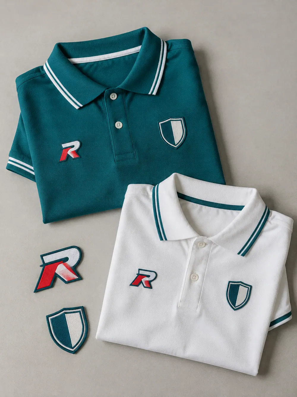 Woven labels & patches on a polo, flat lay