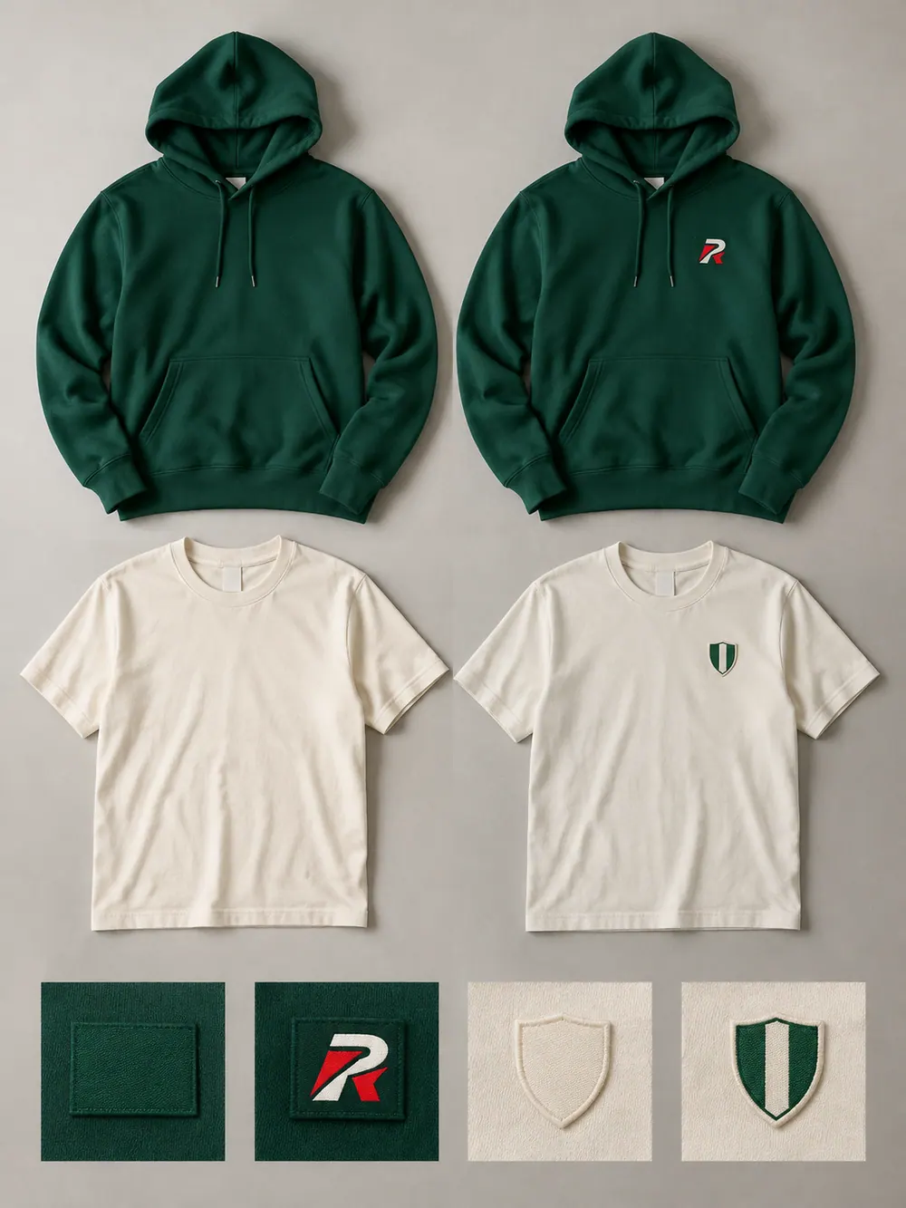 Woven labels & patches before → after pair (same garment), flat lay