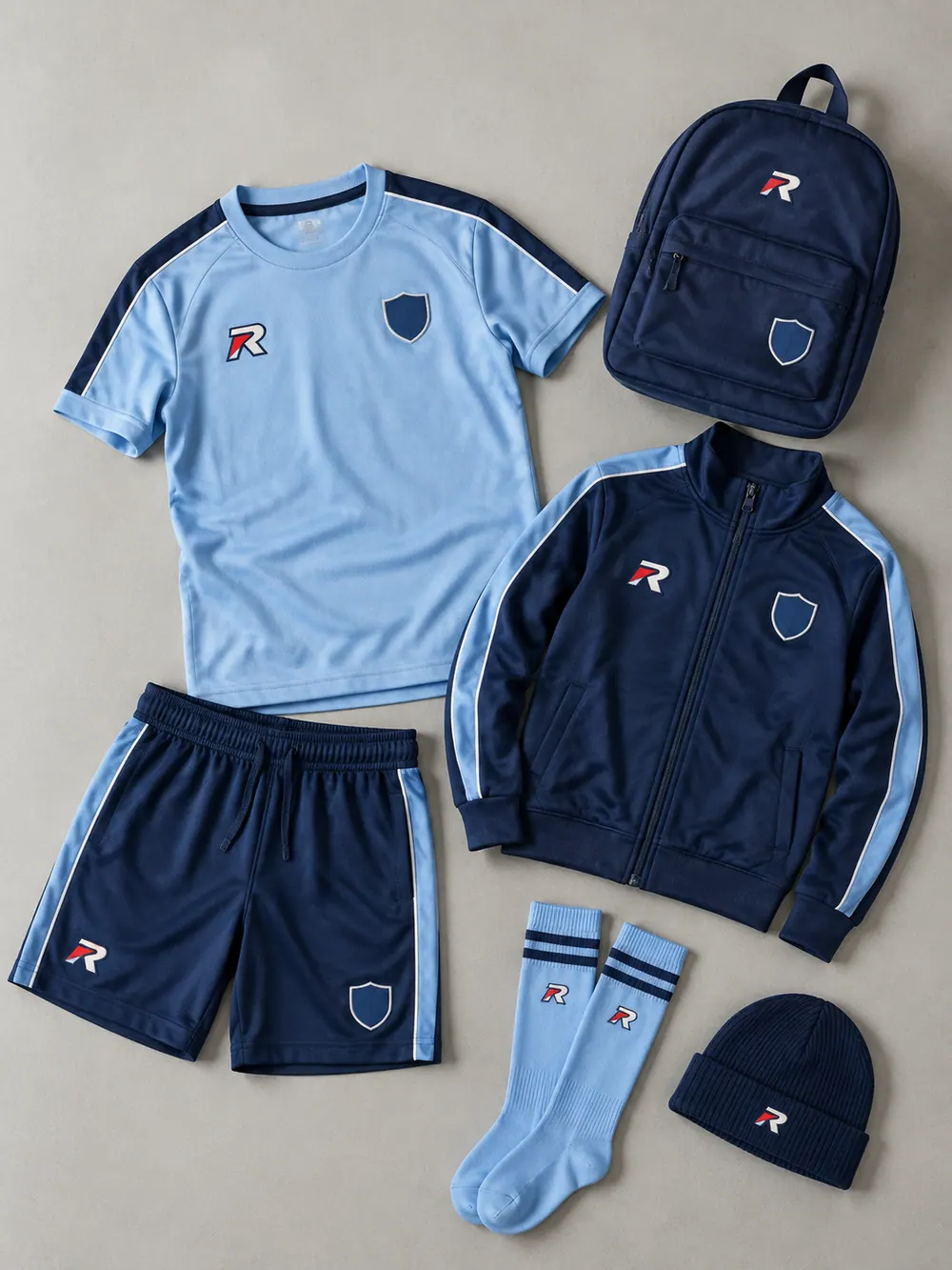 Woven labels & patches on a youth kit, flat lay