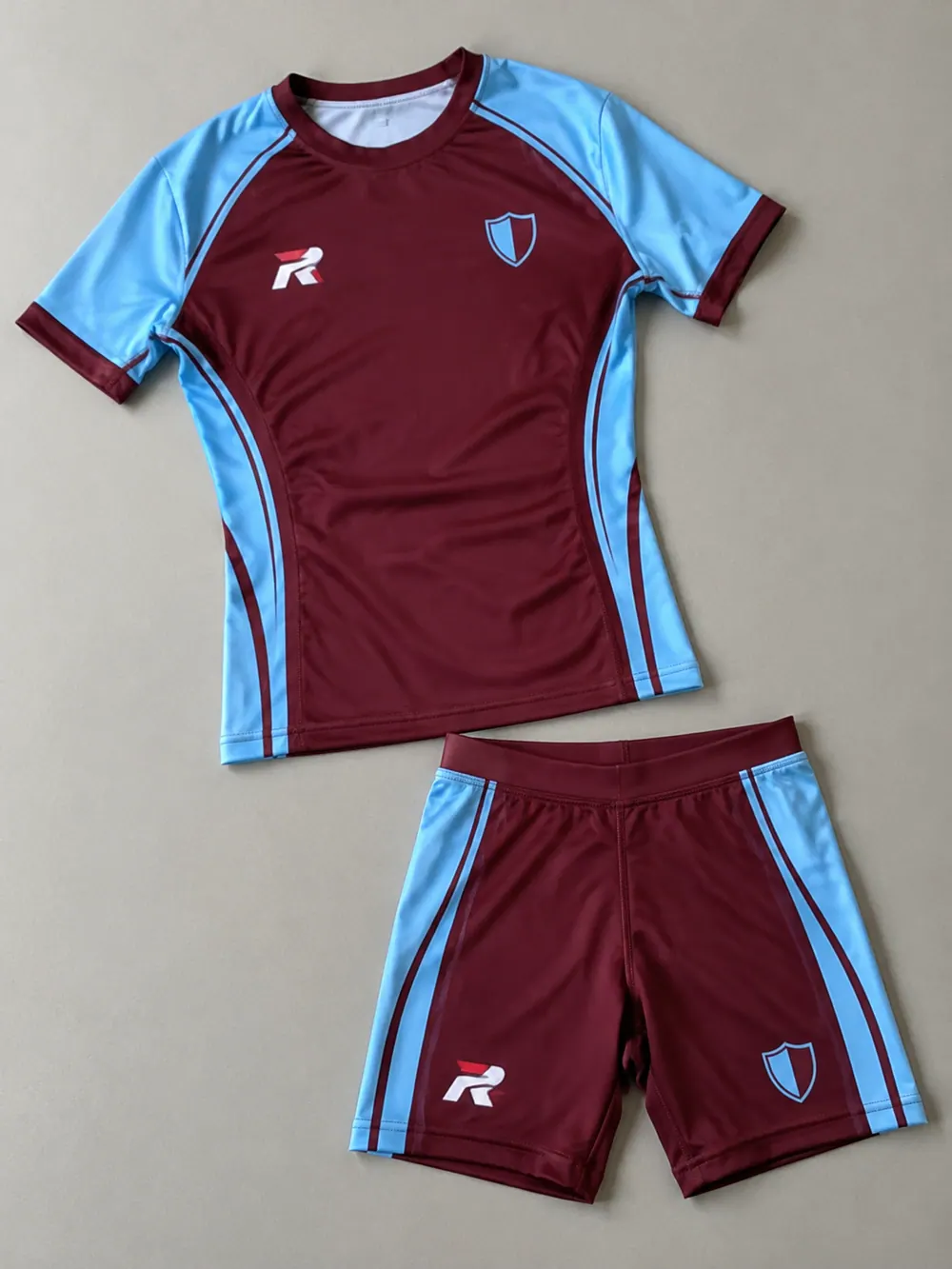 Compression tee and shorts, flat lay