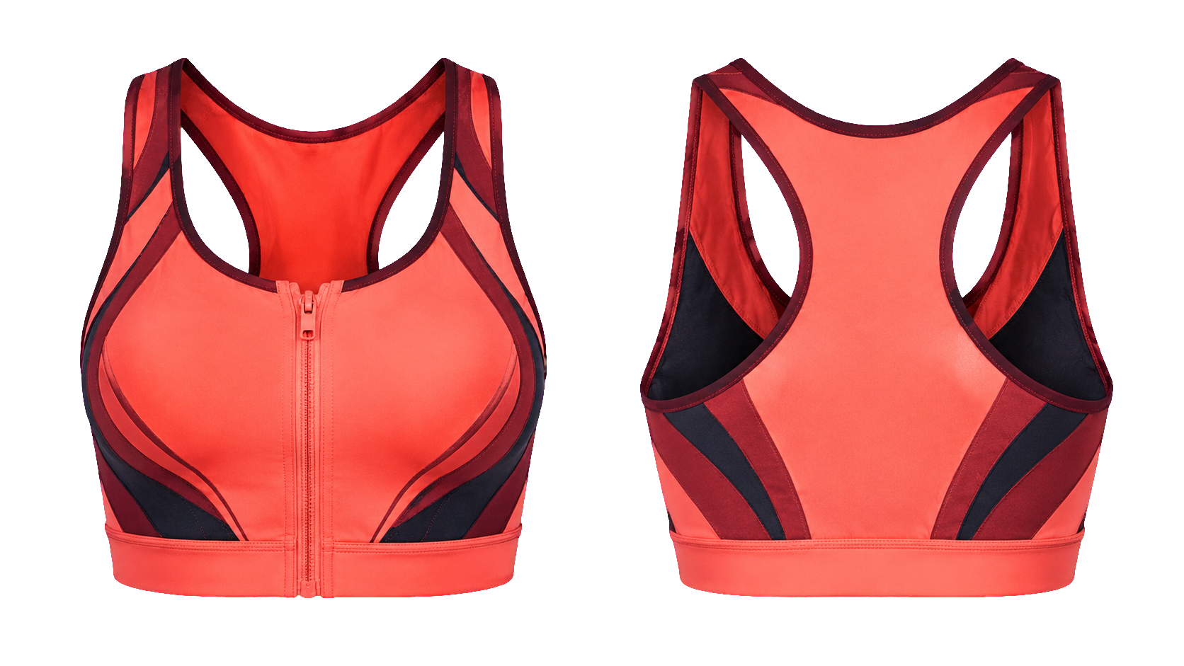 Power Zip Bra — Coral rhinestone product front and back preview